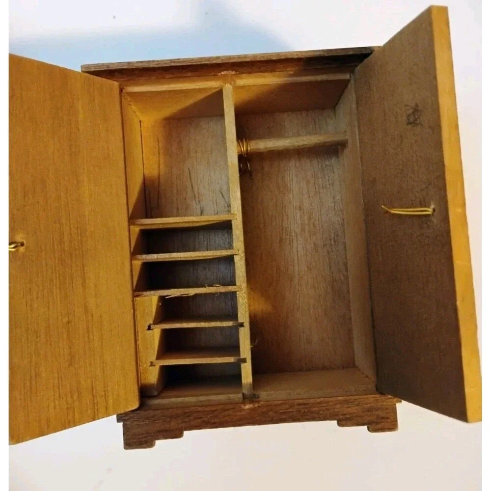 Vtg 1:12 Scale Wooden Dollhouse Furniture Lot Wardrobe Dresser Crib Chairs as-is